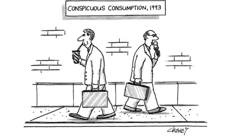 This satirical cartoon, titled Conspicuous Consumption, 1993, displays how the materialistic and ostentatious nature of society of today differs from 1993). Artwork courtesy of Tom Cheney, published on March 28th, 2017 in The New Yorker.