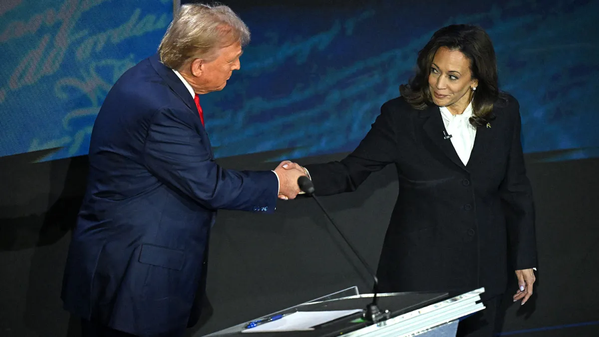 U.S. Vice President Kamala Harris shakes hands with former U.S. President Donald Trump during a presidential debate in Philadelphia on Sept. 10. Saul Loeb/AFP via Getty Images